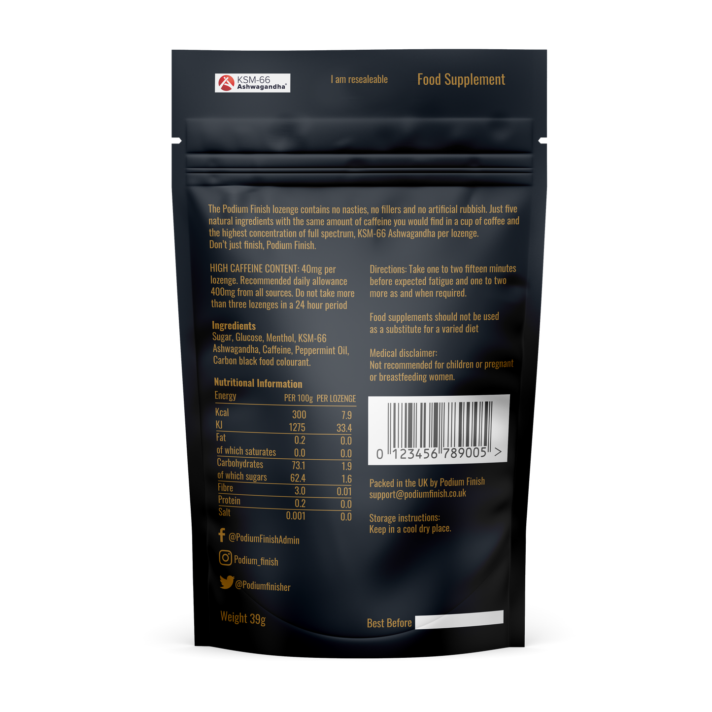 Podium Finish Gold, Caffeine and KSM-66 supplement. Back of Pouch