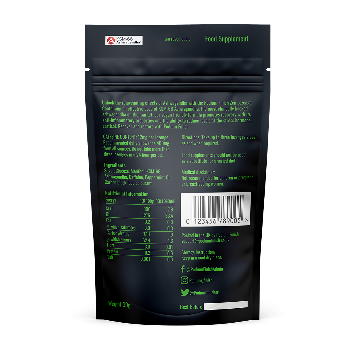 Podium Finish Zen Back Of Pouch With Ingredients and Instructions