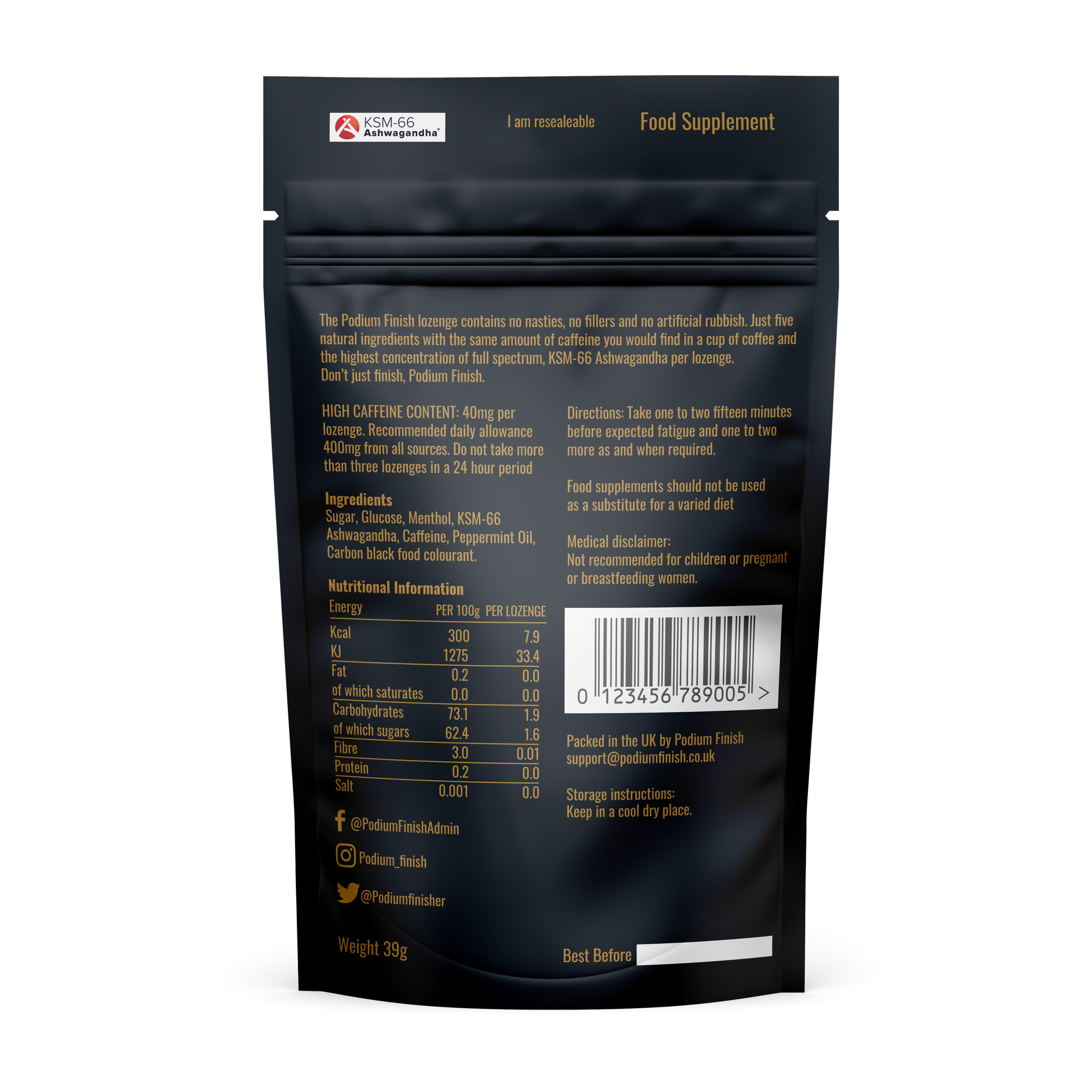Podium Finish Gold, Caffeine and KSM-66 supplement. Back of Pouch 