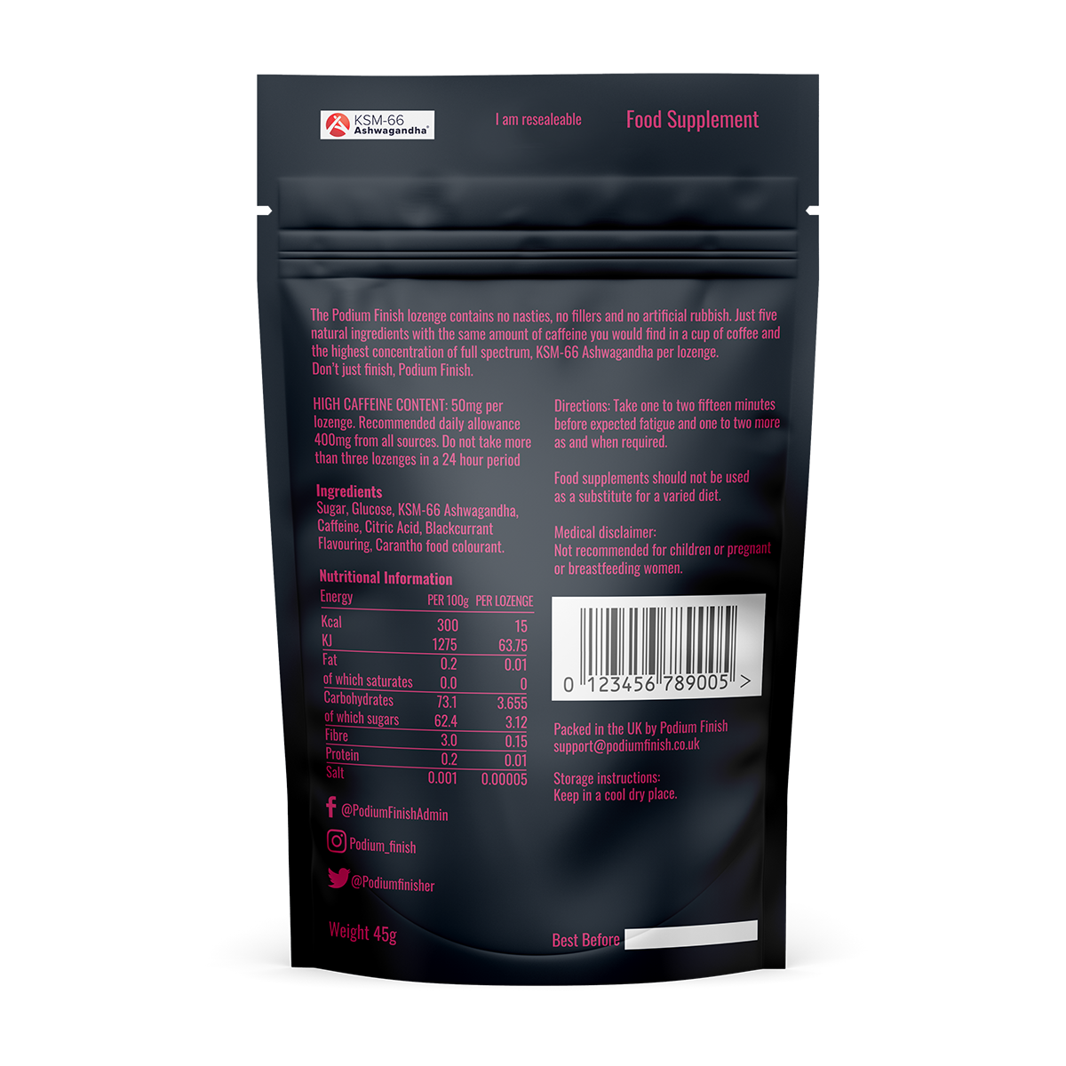 Podium Finish Blackcurrant - Back Of Pouch With Ingredients